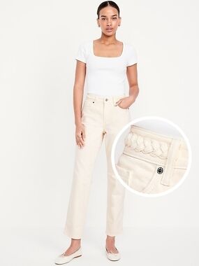 Old Navy Women's Straight-Leg Jeans in Cream With Braided Belt Detail